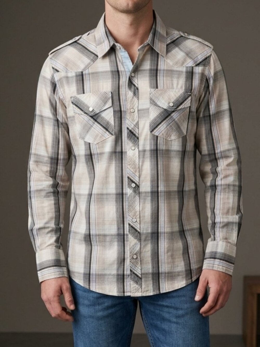 GPH Supply Plaid Pearl Snap Western Cowboy Blue Red Gray Shirt Men's M